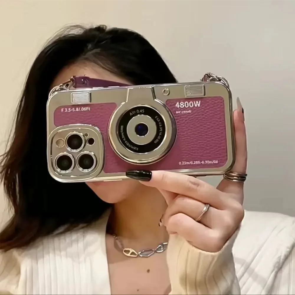 NWT iPhone, pro X retro 3-D vintage camera case with a strap purple